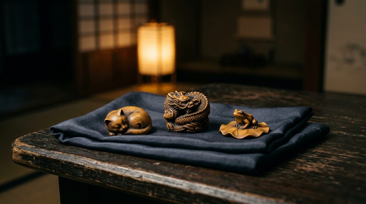 Drie kleine gesneden houten netsuke-figuurtjes op donkere zijde