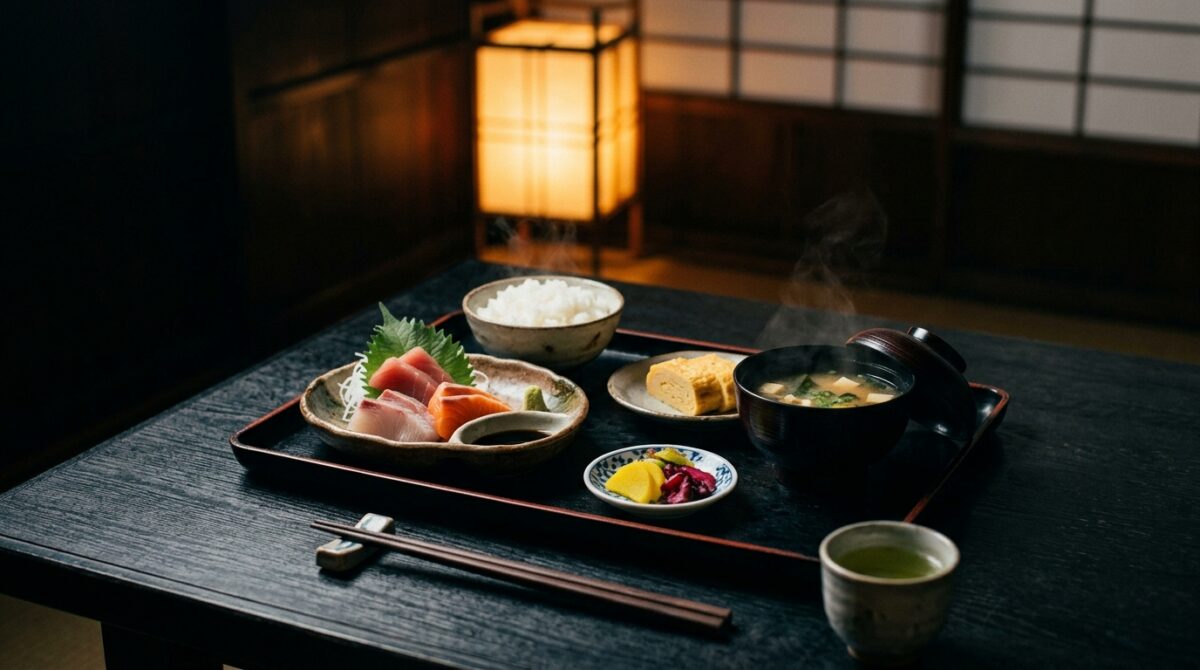 Gelakt dienblad met sashimi, misosoep, tamagoyaki, ingelegde groenten en rijst