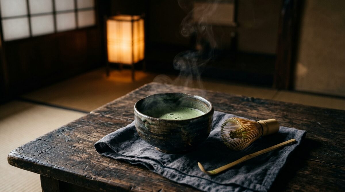 Donkere theekom met schuimende matcha, bamboe theeklopper en theeschepje