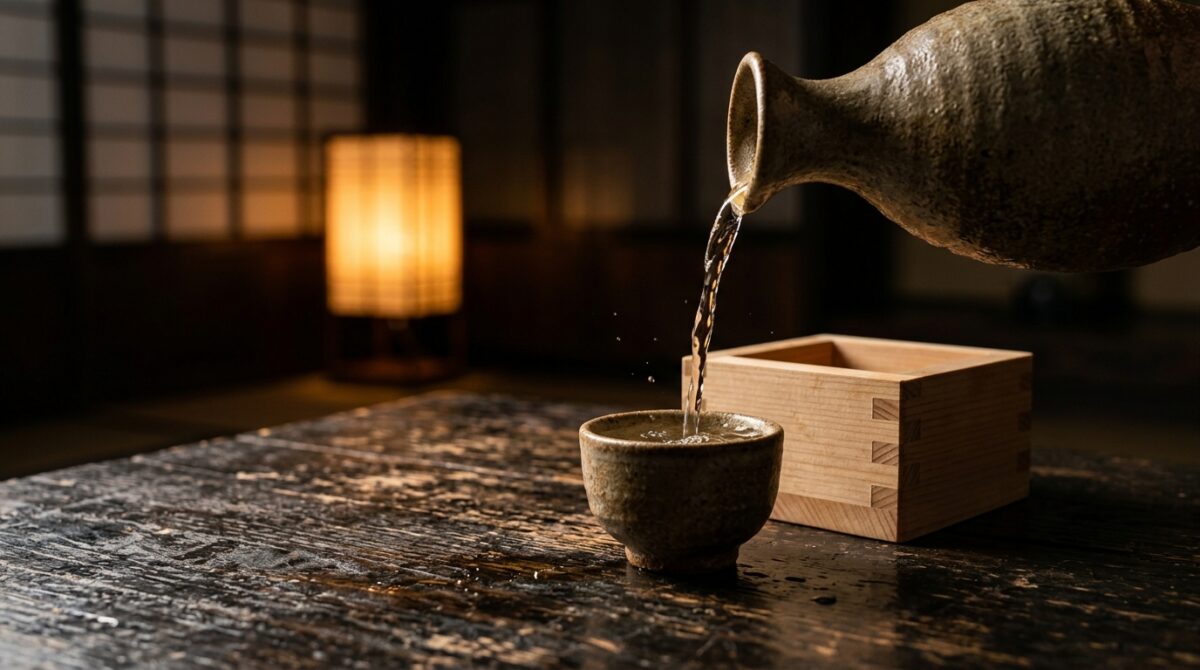 Keramieken tokkuri die sake schenkt in een klein kopje naast een houten masu