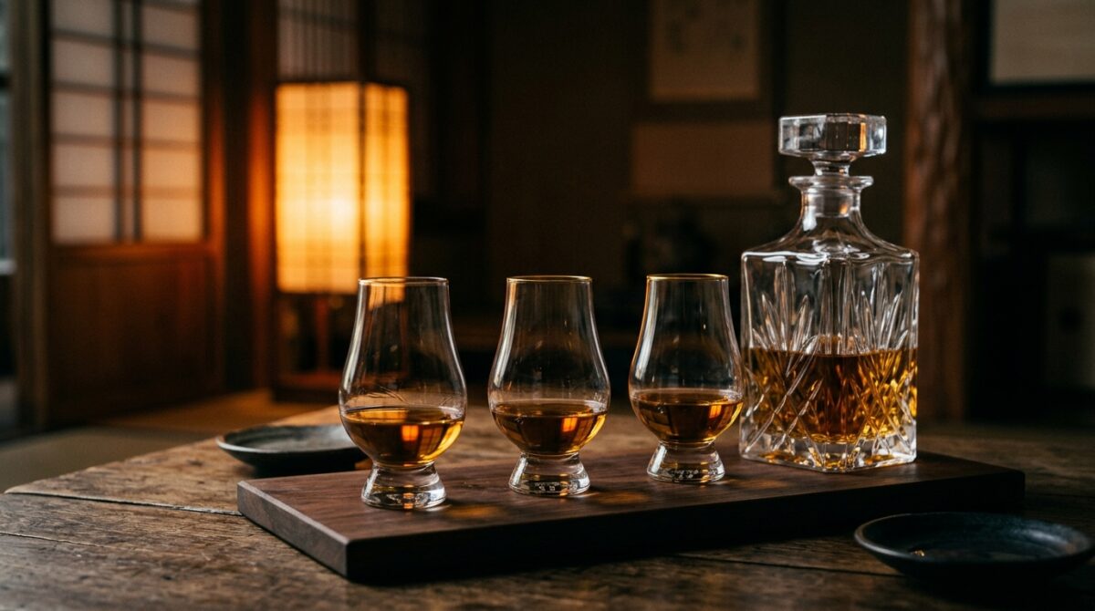 Japanse proeverij: drie whiskyglazen en een kristallen karaf op een houten plank