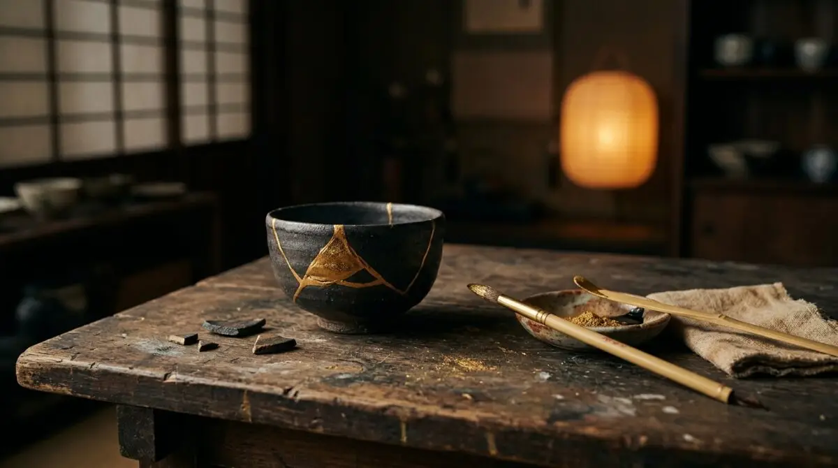 Gebroken keramieken kom hersteld met gouden kintsugi-naden, met penseel en goudpoeder, in warm lantaarnlicht