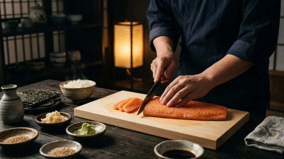 Japanse workshops: handen die zalm snijden met een Japans mes op een houten snijplank