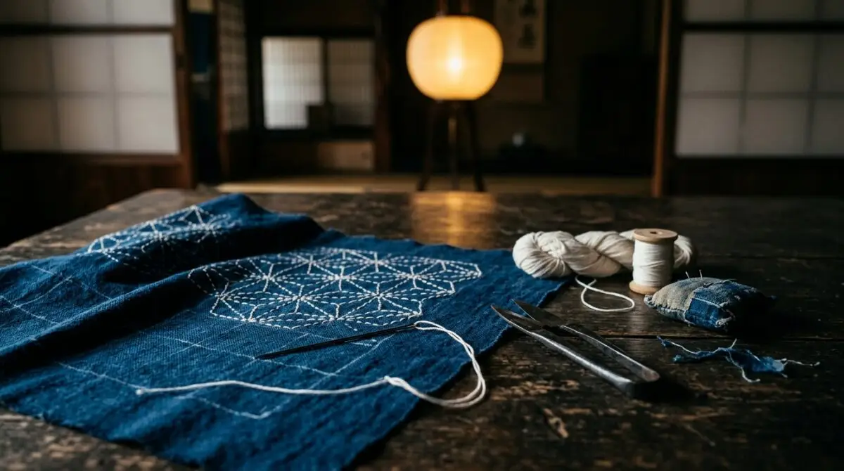 Indigo katoen met wit sashiko-borduurwerk in een geometrisch patroon