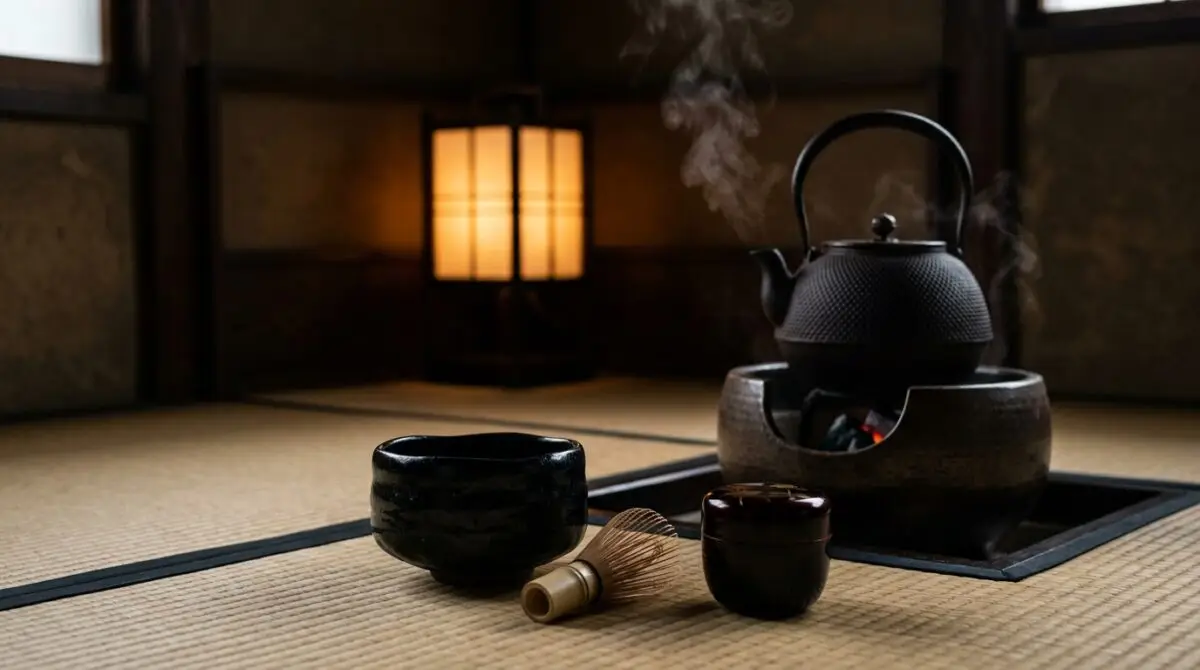 Waterketel met stoom, zwarte theekom en theeklopper op een tatami
