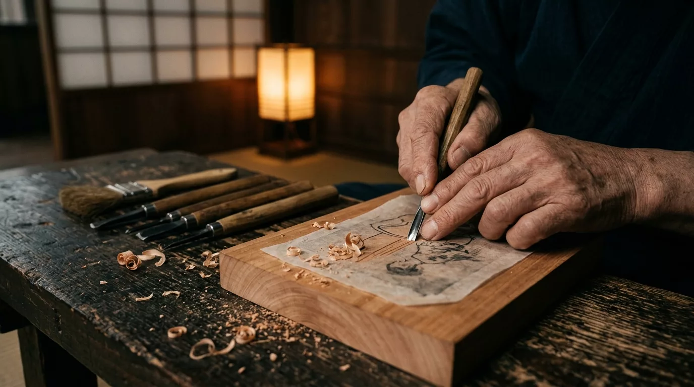 Handen van een houtsnijder die met een beitel fijne lijnen in een blok kersenhout snijden, met houtkrullen en gereedschap ernaast